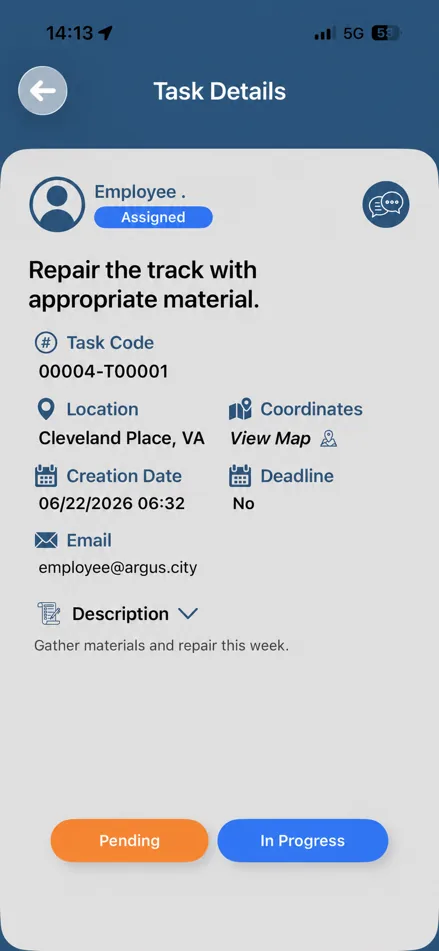 App de ARGUS: detalle de una tarea para un empleado, con el código, la ubicación, el plazo y los botones para cambiar el estado.