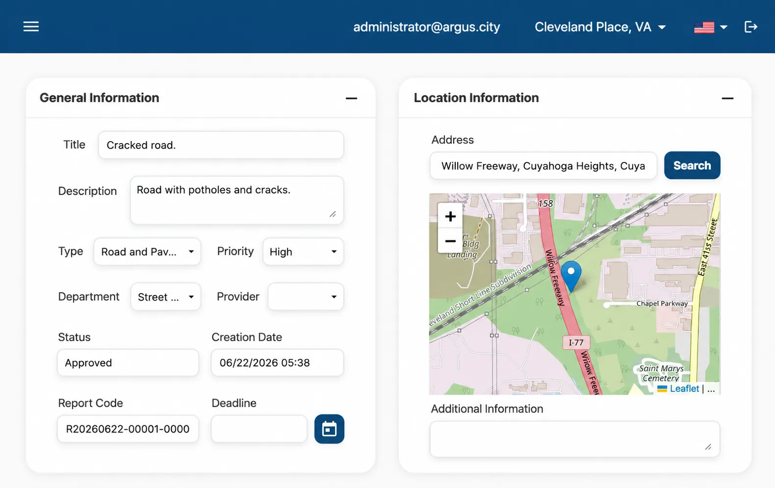 Panel web de ARGUS: la ficha de un reporte con la información general, tipo, prioridad, departamento, proveedor, estado, plazo y un mapa de la ubicación.