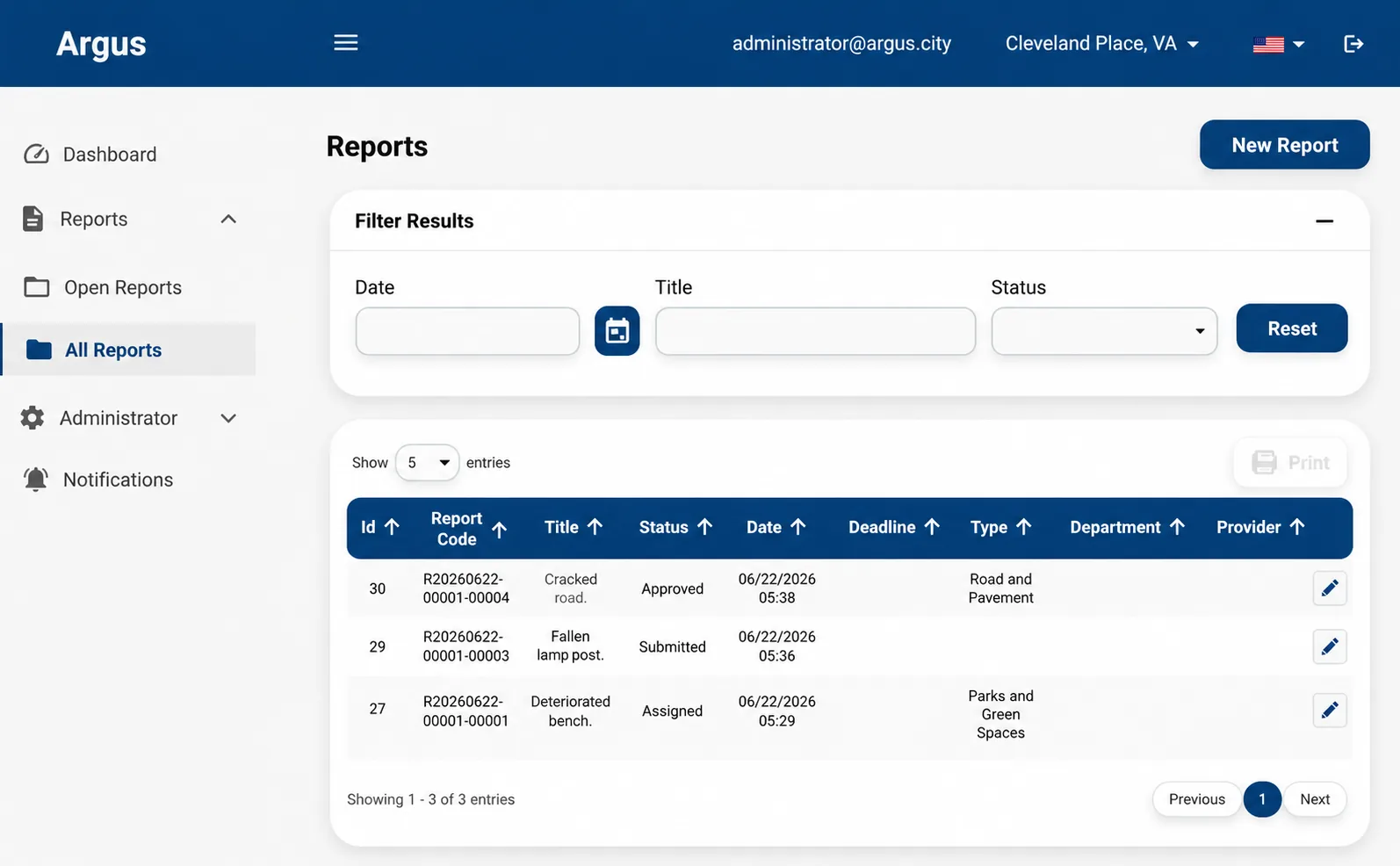 Panel web de ARGUS: la lista de reportes con filtros por fecha, título y estado, y columnas de tipo, departamento y proveedor.